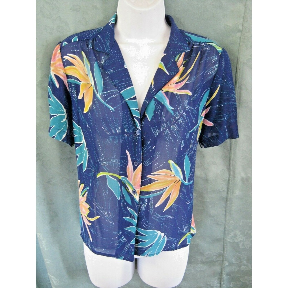 VTG 80s Scenario Aloha Print Blouse Size 10 Tropical Floral Print Semi-Sheer Top